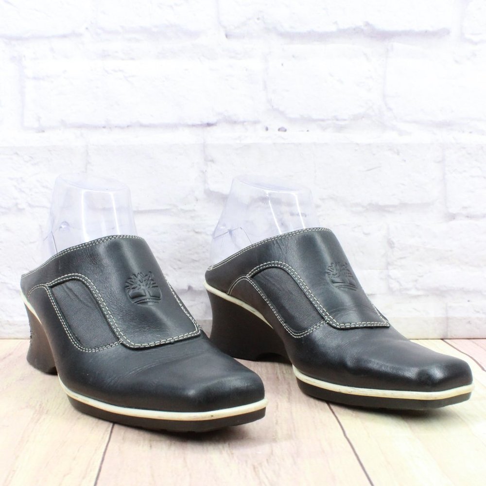 Timberland Black Leather Slip On Wedge Mules Clogs Shoes Size 9 Medium - Picture 3 of 10